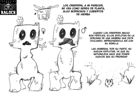 Dibujo erótico de Creepers antropomorfos donde el macho eyacula explosivamente sobre la hembra para fecundarla.