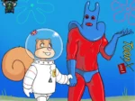 Sandy Mechas y Man Ray tomados de la mano, ella con traje espacial y él con cuerpo musculoso y rojo, listos para el sexo.