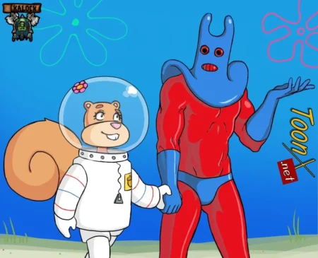 Sandy Mechas y Man Ray tomados de la mano, ella con traje espacial y él con cuerpo musculoso y rojo, listos para el sexo.