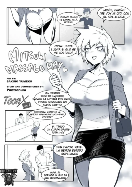Mujer rubia con pechos grandes y falda corta llega a un spa para recibir un masaje erótico en el manga Mitsuki Massage Day.