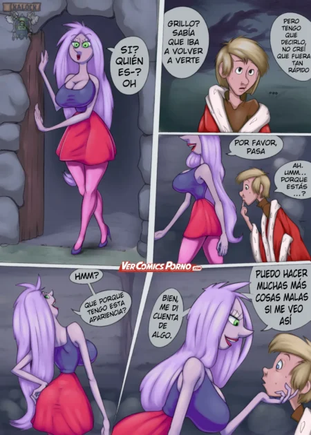 Cómic erótico de mujer piel rosa, pechos grandes y falda corta seduciendo a un joven en una cueva.