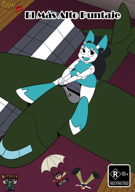 Personaje femenino antropomórfico azul y blanco masturbándose con un vibrador mientras descansa sobre un sofá verde.