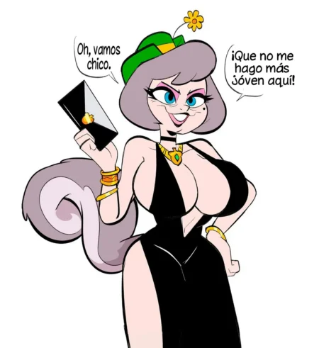 Slappy Squirrel antropomórfica y voluptuosa con vestido negro ajustado, escote profundo y pechos grandes y prominentes.