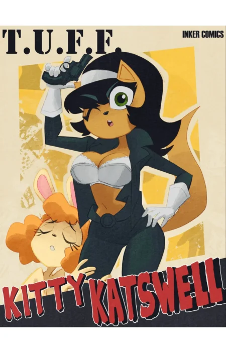 Kitty Katswell con sujetador de encaje blanco, pecho pronunciado y traje negro ajustado junto a una gata excitada.