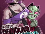 Mujer con pechos grandes aplastando la cara de un alienígena verde mientras posan para Let's Conquer The World de Jzerosk.