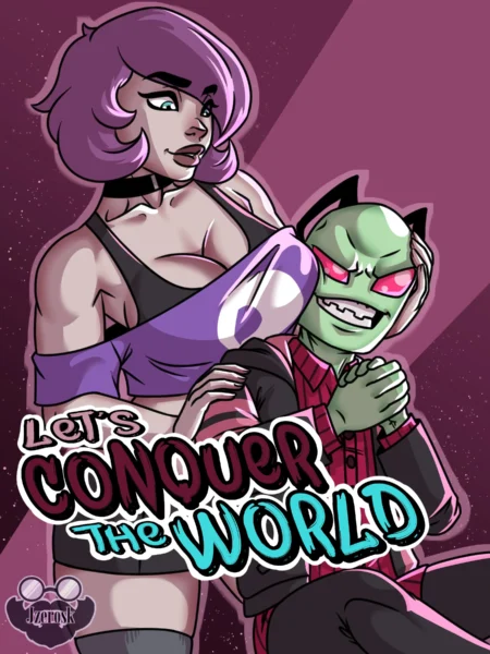 Mujer con pechos grandes aplastando la cara de un alienígena verde mientras posan para Let's Conquer The World de Jzerosk.
