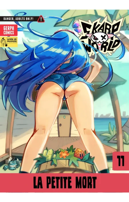 Mujer de pelo azul en Skarpworld 11 posando de espaldas con bragas diminutas que dejan ver sus glúteos y trasero.