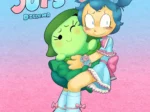 Joy abraza fuerte un peluche verde mientras luce ruborizada y excitada con su ropa interior blanca y rosa.