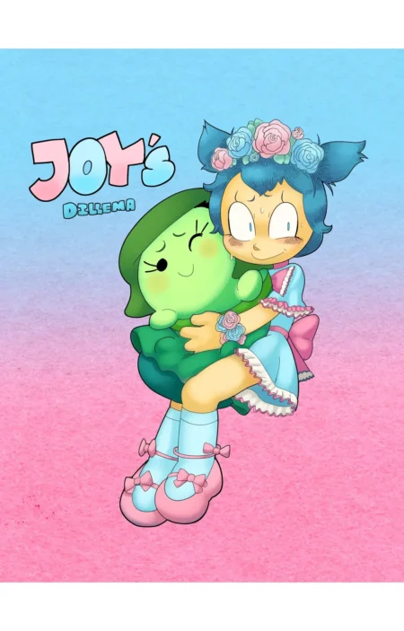 Joy abraza fuerte un peluche verde mientras luce ruborizada y excitada con su ropa interior blanca y rosa.