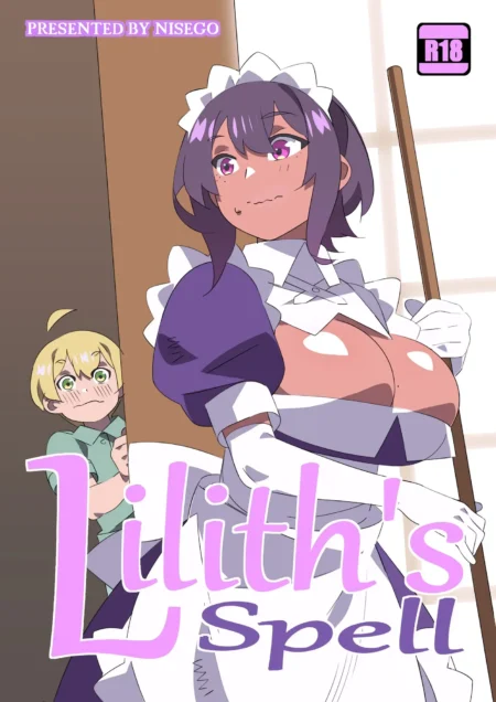 Sirvienta morena de pechos enormes y escote pronunciado con uniforme blanco y morado junto a un joven excitado.