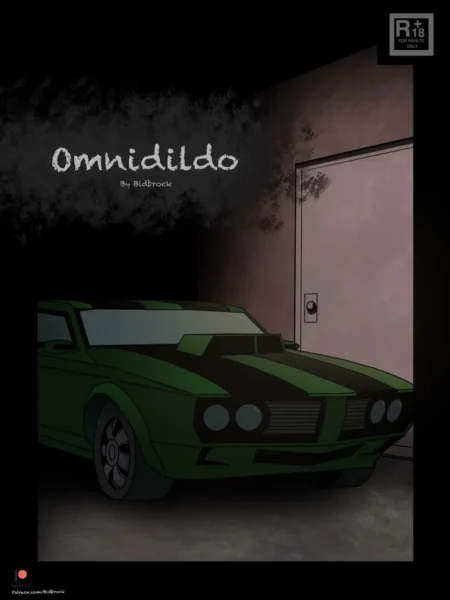 Portada de Omnidildo con un coche deportivo verde oscuro frente a una puerta cerrada en un entorno oscuro y sombrío.