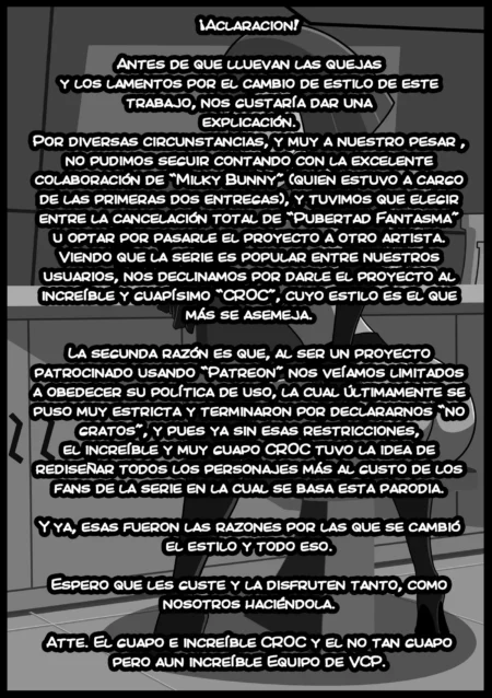 Aviso de cambio de artista en el cómic erótico Pubertad Fantasma 3 firmado por Croc y el equipo de VCP.