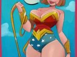 Wonder Momma con busto y glúteos enormes en traje de Wonder Woman ajustado sosteniendo el lazo dorado.