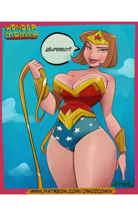 Wonder Momma con busto y glúteos enormes en traje de Wonder Woman ajustado sosteniendo el lazo dorado.