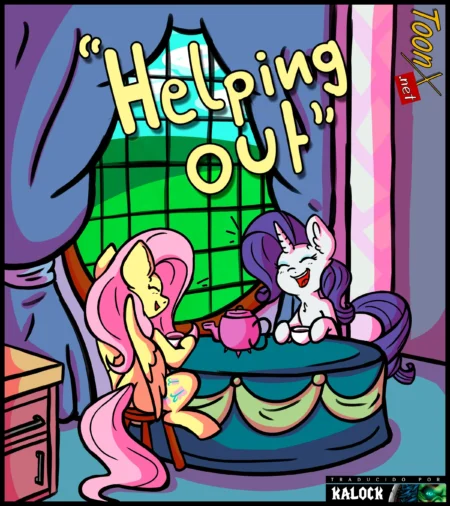 Fluttershy y Rarity toman el té mientras Fluttershy se masturba con el dedo en su clítoris.