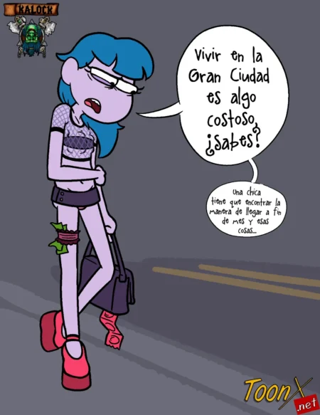 Gloria, mujer morada de piel suave, viste top corto de red y tanga roja, caminando provocativa por la ciudad.