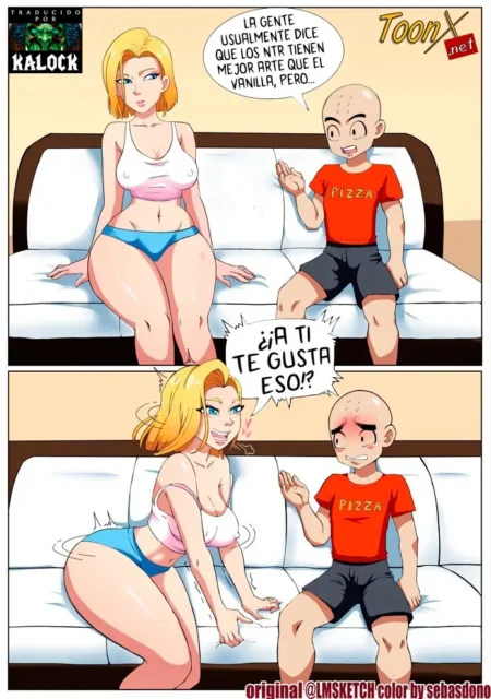 Android 18 en ropa interior blanca y azul posando sensual frente a un joven calvo en un sofá.