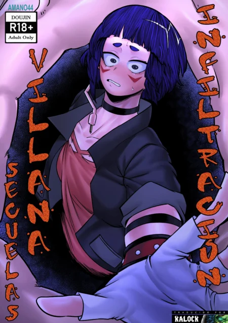 Mujer pelinegra con ropa rasgada y expresión excitada en la portada del doujin NSFW Infiltración Villana: Secuelas.
