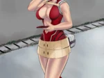Mt. Lady con traje rojo ajustado y escote pronunciado, minifalda beige y botas rojas sosteniendo un teléfono móvil.