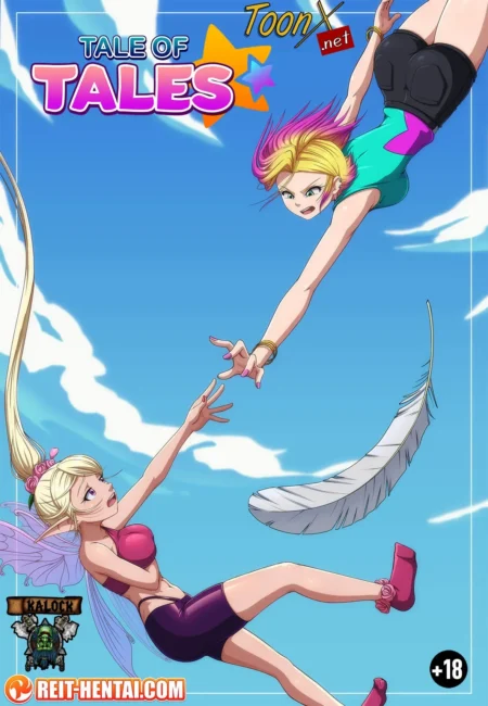 Dos chicas anime, una hada y una humana, flotan en el aire intentando tocarse en Tale of Tales #1 de Reit-Hentai.