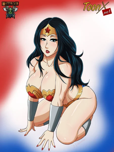 Wonder Woman con pechos gigantes y glúteos voluminosos posando arrodillada con el traje revelador y semi desnuda.