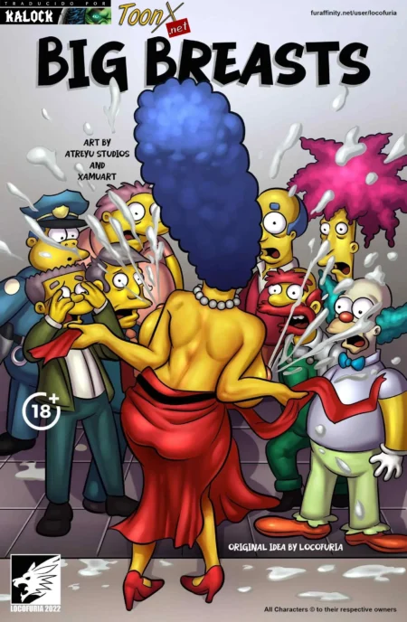 Mujer con pechos gigantes eyacula sobre personajes de Los Simpson en una escena erótica explícita.