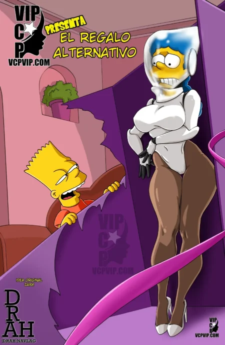 Lisa Simpson con busto grande, traje blanco ajustado y rostro cubierto de semen sale de una caja frente a Bart.