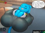Gumball azul con pechos y glúteos gigantes hipertrofiados relajándose para hacer yoga en Bootydox.