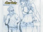Boceto erótico de mujer joven con bikini y shorts cortos mirando con deseo a un hombre joven en una cocina.