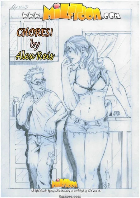 Boceto erótico de mujer joven con bikini y shorts cortos mirando con deseo a un hombre joven en una cocina.