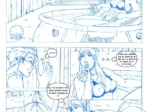 Cómic erótico de mujer rubia en bikini relajándose en una piscina inflable mientras un hombre la observa con deseo.