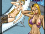 Dos rubias en bikini; una recostada y otra con el pecho descubierto mostrando el pezón en la portada de Milftoon Confusion 2.
