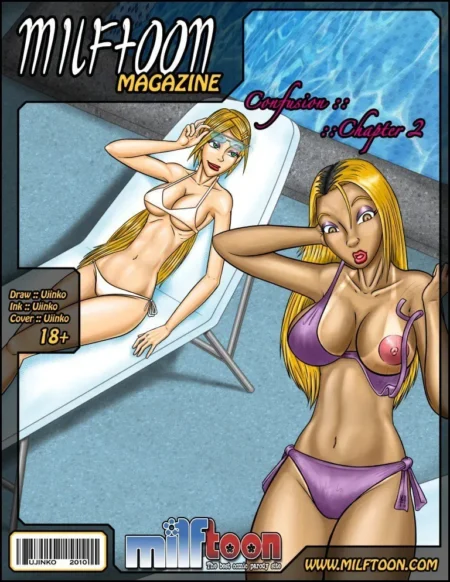 Dos rubias en bikini; una recostada y otra con el pecho descubierto mostrando el pezón en la portada de Milftoon Confusion 2.