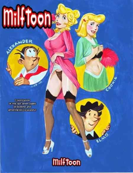 Rubia erótica de Milftoon con bata rosa abierta, lencería blanca, medias negras y tacones junto a personajes masculinos.