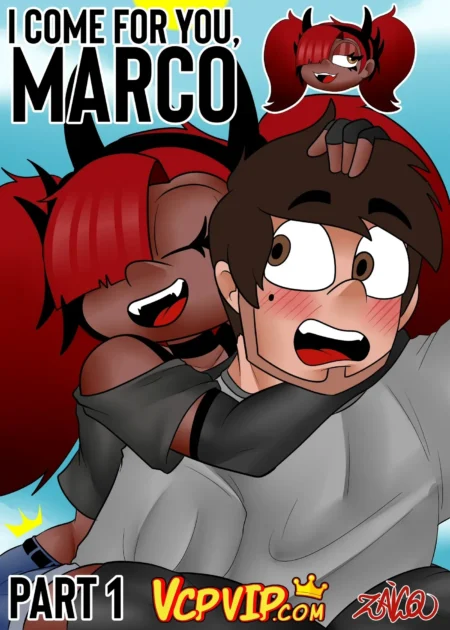 Demonio mujer con cuernos y coletas rojas abraza y acosa sexualmente a Marco de Svtfoe con deseo lascivo.