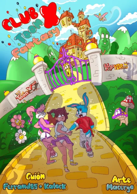 Personajes de Club Toon X Fantasy caminando hacia un castillo con ropa provocativa y reveladora.