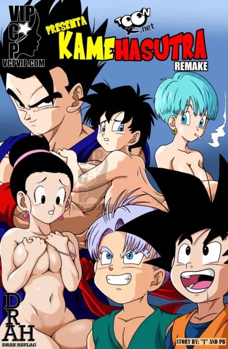 Personajes de Dragon Ball desnudos y excitados en el arte erótico de Kamehasutra Remake con pechos y genitales expuestos.