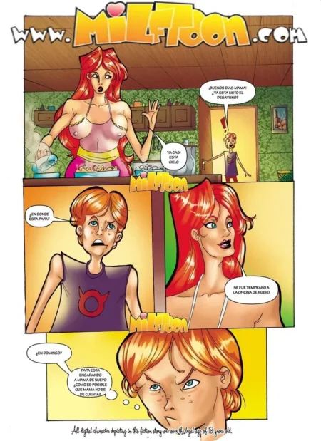 Dream de Milftoon cocina en lencería blanca transparente que revela sus pezones mientras habla con su hijo pequeño.