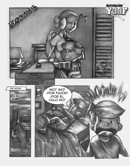 Mujer abrazando a Dennis y escena posterior de él gritando mientras es penetrado analmente en la cama.