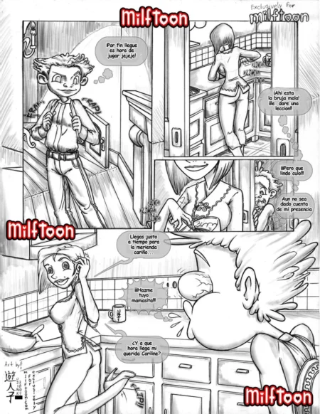 Cómic erótico de Coraline donde un joven excita su deseo mirando el culo y los pechos de su madre mientras babea.