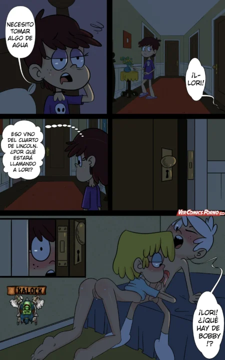 Luan sorprende a Lori y Luna teniendo sexo oral en la cama mientras Lincoln grita desde el pasillo.
