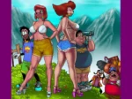 Goofy y Max observan a dos mujeres voluptuosas en bikini y lencería erótica durante unas vacaciones en la montaña.