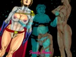 Superheroína con pechos expuestos y mujer desnuda junto a silueta azul en Family Power de PBX, cómic porno explícito.