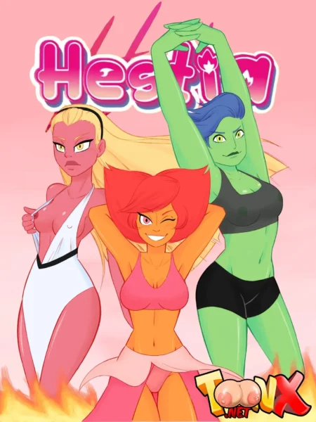 Tres mujeres coloridas con pechos expuestos y ropa interior mínima posando eróticamente bajo el texto Hestia.