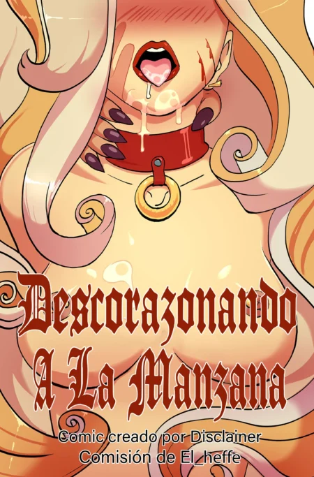 Mujer rubia con collar rojo y anillo, boca abierta babeando y pechos grandes en el cómic Descorazonando A La Manzana.