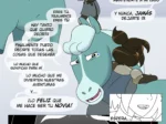 Cómic de Centaurworld donde una mujer besa a un caballo azul antes de llamarlo novio provocando su sorpresa sexual.