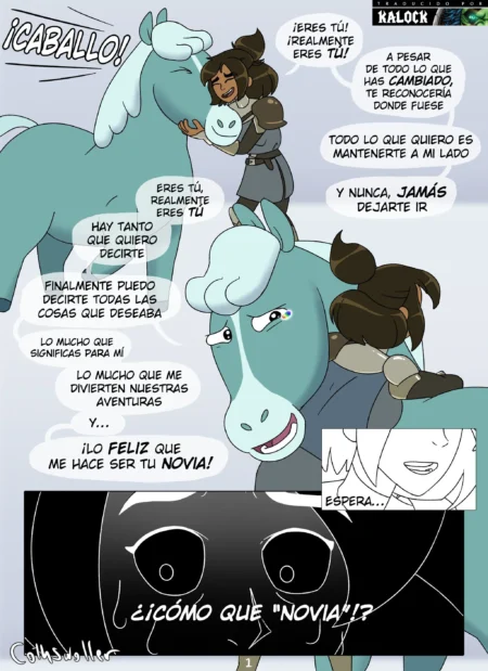 Cómic de Centaurworld donde una mujer besa a un caballo azul antes de llamarlo novio provocando su sorpresa sexual.