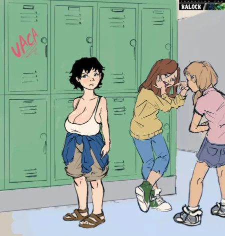 Katelyn con pechos grandes y camiseta blanca ajustada es burlada por dos adolescentes frente a casilleros escolares.