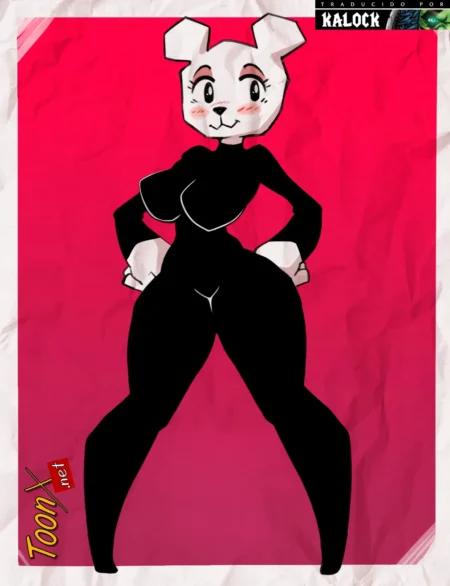 Teri Doodle con cabeza de conejo blanco y traje negro ajustado resaltando sus pechos grandes y caderas anchas.