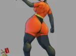 Helen Parr con traje rojo ajustado resaltando sus glúteos grandes y muslos anchos en pose provocativa.